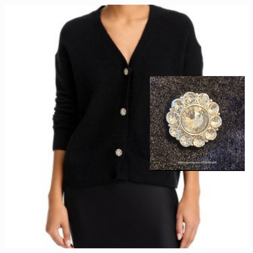 new! Black lux faux mohair boxy Vneck cardigan Liz Claiborne sweater rhinestone - Picture 3 of 17